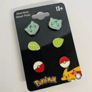 Set Of 3 Pokemon Bulbasaur Leaf Pokeball Stud Stainless Steel Earrings Licensed - Picture 1 of 5