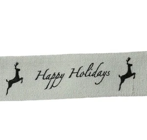 May Arts Ivory Canvas HAPPY HOLIDAYS DEER Printed Ribbon 3/4”x 25 Yds Woven Edge - Picture 1 of 7