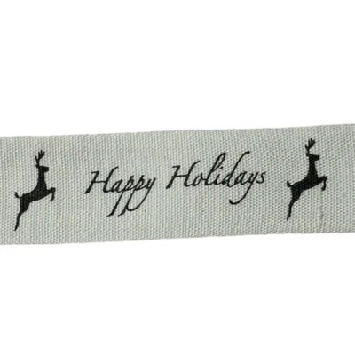 May Arts Ivory Canvas HAPPY HOLIDAYS DEER Printed Ribbon 3/4”x 25 Yds Woven Edge - Image 1 of 4