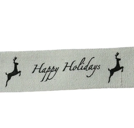 May Arts Ivory Canvas HAPPY HOLIDAYS DEER Printed Ribbon 3/4”x 25 Yds Woven Edge - Image 1 of 4