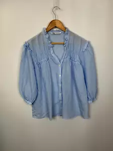 Zara Blouse Womens Size Small Ruffle Blue Pinstripe Shirt Lightweight Peasant - Picture 1 of 7