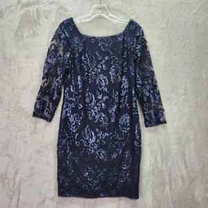 Adrianna Papell Dress Womens 12 Navy Blue Sequin Floral Lace 3/4 Sleeve Party - Picture 1 of 8