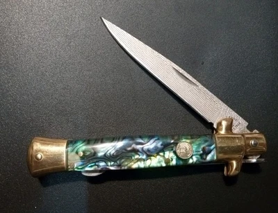 Kissing Crane Abalone & Damascus Stiletto Folding Knife  - Image 1 of 4