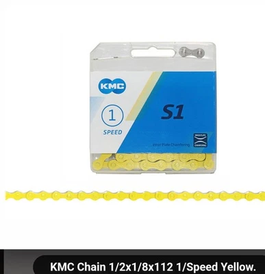 KMC SINGLE SPEED BICYCLE CHAIN YELLOW 1/2"X1/8"X 112,CRUISER,BMX - Image 1 of 2