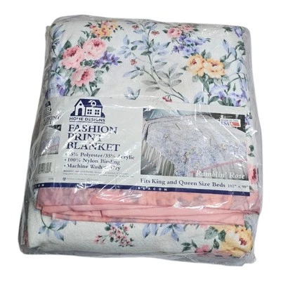 Vtg Beacon Home Designs Fashion Blanket Ramblin Rose King/Queen Satin Trim -READ - Image 1 of 4