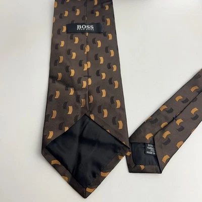 Hugo Boss Tie Mens Brown Gold Black Geometric Pattern Silk Made In Italy Necktie - Image 1 of 4