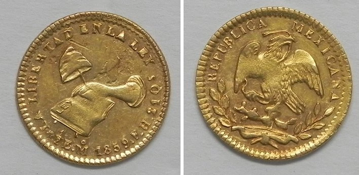 X4650 1859 Mo FH MÉXICO 1/2 Escudo Moneda Oro, AU, KM 378.5 Foto 1 de 1