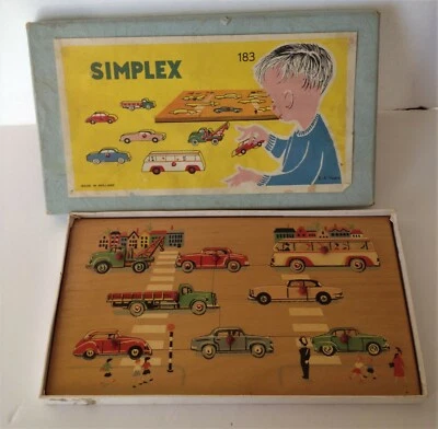 Vintage SIMPLEX WOODEN PUZZLE IN BOX Cars Trucks MADE IN HOLLAND Wood Shapes - Image 1 of 3