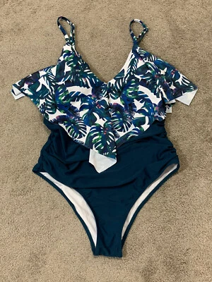 Traje de baño de una pieza para mujer XL tropical con volantes con tirantes ajustables laterales Aqua Foto 1 de 4