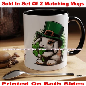 Juego de 2 tazas de café de dibujos animados Lop Lopped Ear Bunny Rabbit trébol irlandés DigiPups - Imagen 1 de 3