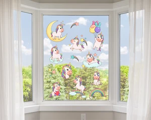 Pegatinas de vinilo para ventana de unicornio con estrellas brillantes y arco iris fugaces - Imagen 1 de 5