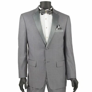 VINCI Men's Gray Slim Fit Formal Tuxedo Suit w/ Sateen Lapel & Trim NEW - Picture 1 of 2