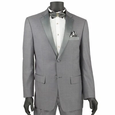 VINCI Men's Gray Slim Fit Formal Tuxedo Suit w/ Sateen Lapel & Trim NEW - Image 1 of 2