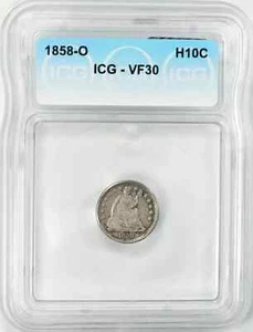 1858 O SEATED LIBERTY HALF DIME H10C ICG CERTIFIED VF 30 VERY FINE (601) - Picture 1 of 4