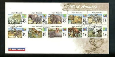 Postal History New Zealand FDC #1227-1236 Wild animals panda elephant tiger 1994 - Image 1 of 2