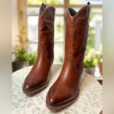 FRYE Nataly Western Leather Inside Zip Tall Cognac - Image 1 of 4