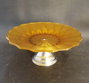 Vintage Art Deco Amber Glass Cake Stand With Chrome Foot - Picture 1 of 4