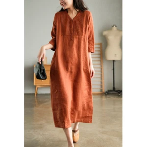 Women's Dress Versatile Summer Loose Casual V-neck Thin Knee Length Dress - Picture 1 of 14