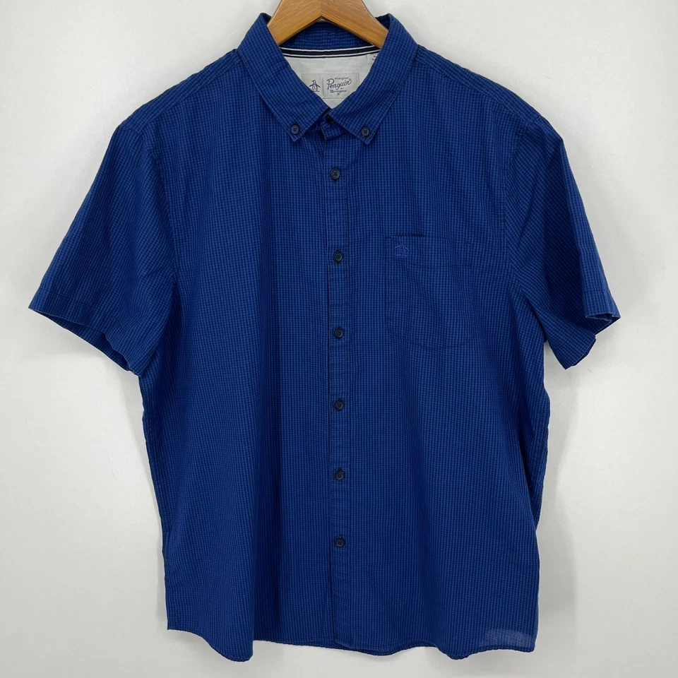 Penguin Short Sleeve Button Shirt Men's XL Blue Check Print Pocket Logo Cotton - Image 1 of 4