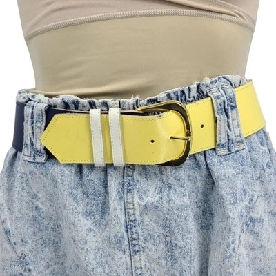 Vintage 80s Wide Colorblock Butter Yellow Navy White Leather Belt Size M - Image 1 of 4