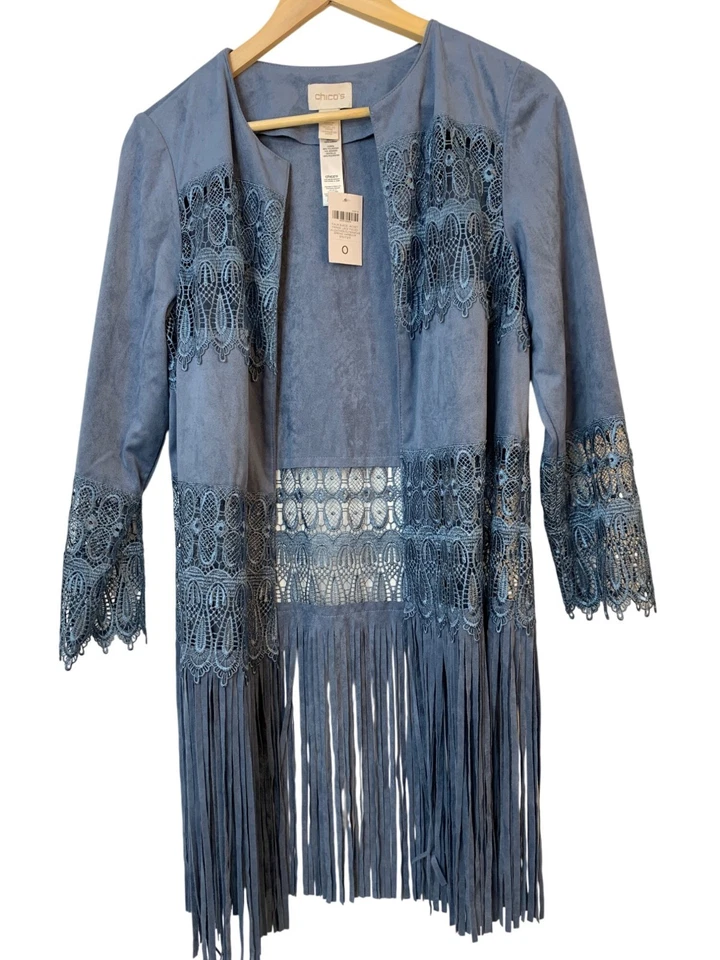 Chaqueta Chicos Talla S EE. UU. Imitación Gamuza Flecos Encaje Frente Abierto RAA10423 Azul Nueva con Etiquetas Foto 1 de 4