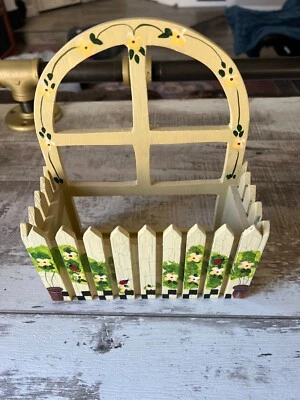 Flower Painted Country Rustic Picket Fence Planter Box Wood Stand Shelf Bin - Image 1 of 4