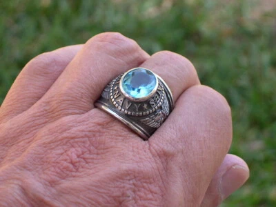 Anillo de acero inoxidable para hombre con piedra de nacimiento Aqua March militar de la Marina de los Estados Unidos 7-14 Foto 1 de 4