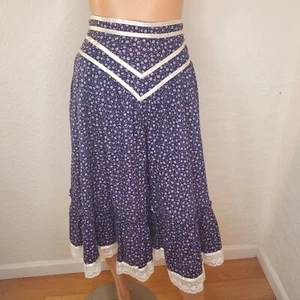 VTG JESSICA GUNNIES GUNNE SAX PRAIRIE FLORAL SATIN & LACE MIDI SKIRT*5 XS 25" W - Picture 1 of 13