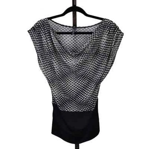 Flamingo Women's Blouse Drape Asymmetric White Black Geometric Dot Sheer Size M - Picture 1 of 5
