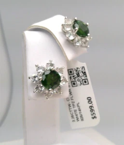 $599-3.25ct GENUINE CHROME DIOPSIDE & WHITE TOPAZ FLOWER EARRING STUDS 925/14KPL - Picture 1 of 10