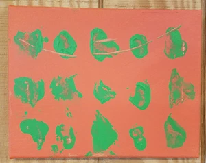 ORIGINAL ACRYLIC PAINTING 14" CANVAS MODERN ABSTRACT ART ORANGE FIELD GREEN ROCK - Picture 1 of 8