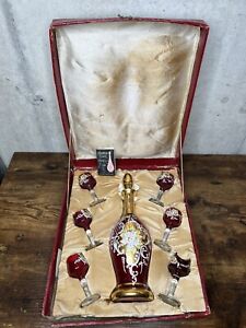 1960s Bischoff Ruby Gold Hand Blown Venetian Glass Decanter Set W/ 6 Glasses