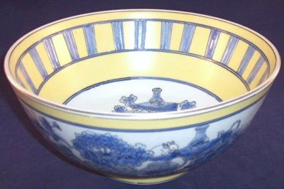 Tigela decorativa pesada oriental amarelo pálido e azul 10", decoração asiática para casa - Imagem 1 de 4