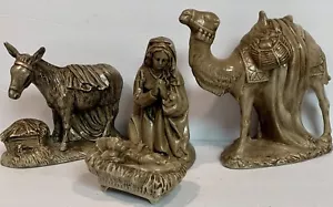 Vtg Atlantic Mold Nativity Set Cream & Gold Glazed Ceramic 4 Piece Nativity - Picture 1 of 12