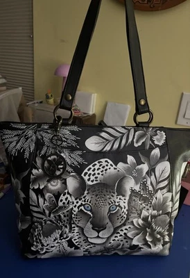 Usado en Excelente Condición Anuschka Cuero Pintado a Mano Clásico Bolso de Trabajo Cleopatras Leopardo RARO Foto 1 de 4