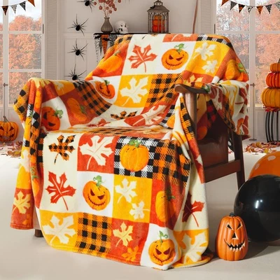 ROMROL Halloween Fleece Throw Blanket, Pumpkin, Leaves Fall Plaid Blanket, So... - Image 1 of 4