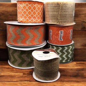 Fall Burlap Wired Ribbon Lot – Chevron, Trellis, Solid, Diamond – 2.5" – 50+ Yar - Picture 1 of 11