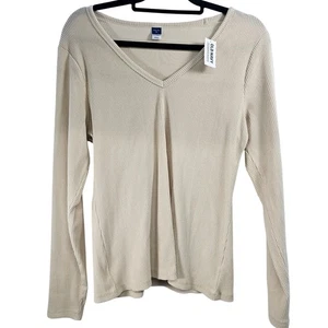 Old Navy geripptes Langarm-Plüsch-T-Shirt mit V-Ausschnitt Oberteil Damen XL beige neu mit Etikett - Bild 1 von 8