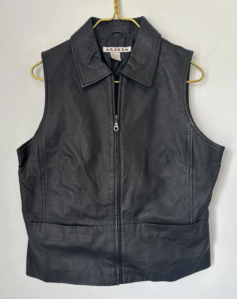 AMI Black 100% Leather Soft Full Zip Lined Retro Vest Women’s Medium Pockets - Image 1 of 4
