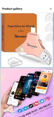 USB 3.0 Flash Drive for iPhone 256GB: MFi Certified 3in1 External Memory Photo K - Image 1 of 4