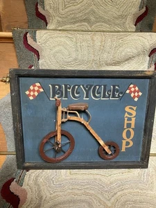 Vintage Wood Trade Sign Bicycle Shop 16x12 One Sided 3-D Bike Wood & Metal - Picture 1 of 6