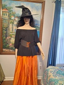 Costume Witch Outfit Black Peasant Blouse Orange Maxie Skirt Belt Hat  Sz L/XL - Picture 1 of 6