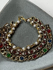 Vintage Lot of Goldtone Curb Link w Red Green Round Jelly Cabs Alternating Red & - Picture 1 of 12