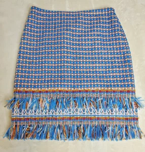 PER SE Women Size US 2 Tweed Fringe Pencil Skirt Boho Blue White - Picture 1 of 9