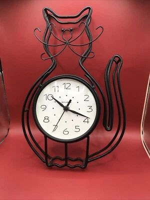 "Reloj de escritorio de pared con alambre de metal negro gato gatito alimentado por batería 13"" acurita funcionando" Foto 1 de 4