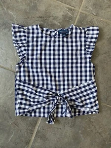 French Toast Girls Ruffled Sleeve Top Size 7. Navy/white Checked Tie At Front - Picture 1 of 8