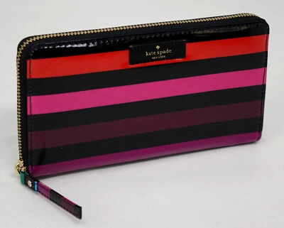 NUEVA Cartera Kate Spade Para Mujer Negra Rosa Roja Multicolor Rayas Grande Cremallera Alrededor Foto 1 de 4
