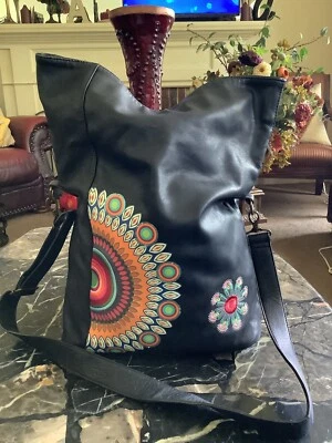 DESIGUAL Ex Large Boho Embroidered Sequin 2 Way Black Shoulder Cross Body 18x16 - Image 1 of 4