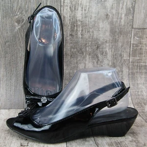 Etienne Aigner Wedge Heel Open Toe Sling Back Bow Black Patent Womens 8.5 Uta - Picture 1 of 9