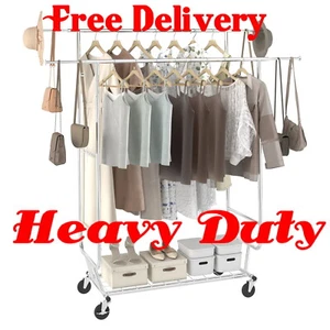 Heavy Duty Clothing Garment Rack with Shelves Wheels Double Hanging Rod rolling - Picture 1 of 8